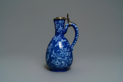 A rare Dutch Delft 'Persian blue' pewter-mounted jug, 17/18th C.